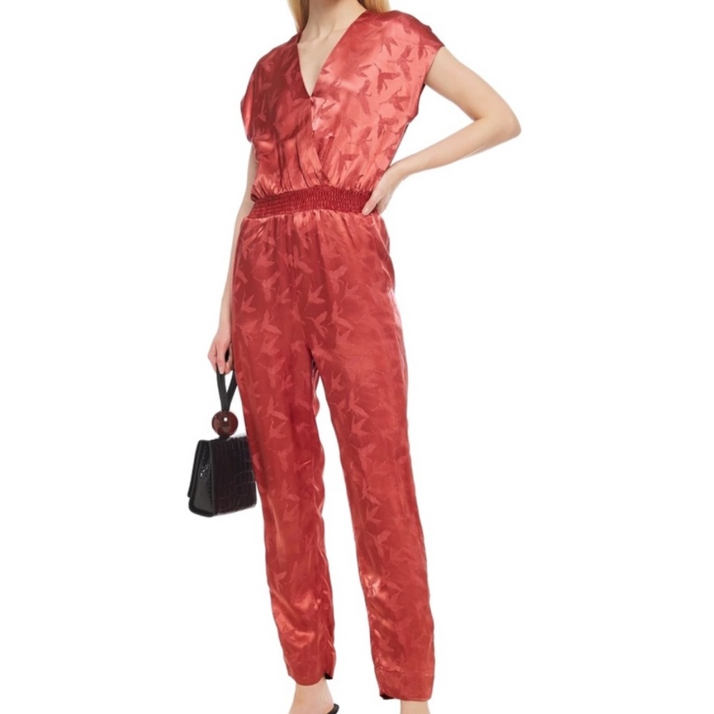 Maje • NWOT Terracotta Red Wrap-Effect Satin-Jacquard Jumpsuit Size EU 40 / L